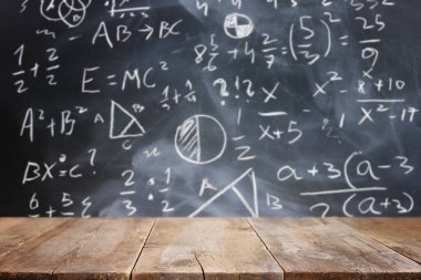 Eğitim kavramı - ürün gösterimi için boş ahşap tablo ve karatahta arka planı