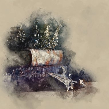 Suluboya stili ve güzel kraliçe ya da kral tacının soyut görüntüsü. fantezi ortaçağ dönemi