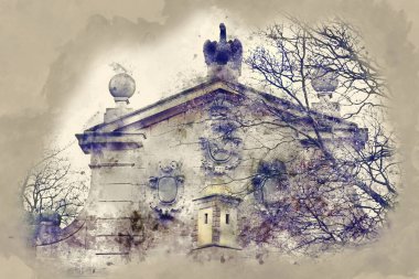 suluboya stili ve eski evlerin soyut çizimi ve kışın çıplak ağaçlar.