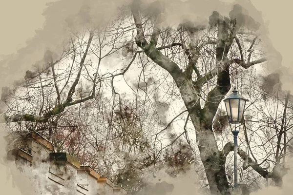 古色古香路灯和光秃秃树的水彩画和抽象图解 — 图库照片