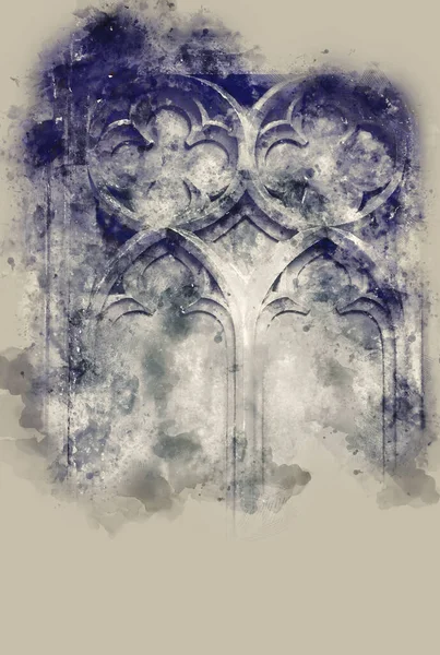 Akvarell Stílusú Illusztráció Gótikus Kísértetjárta Része Ablak Kőből Készült — Stock Fotó