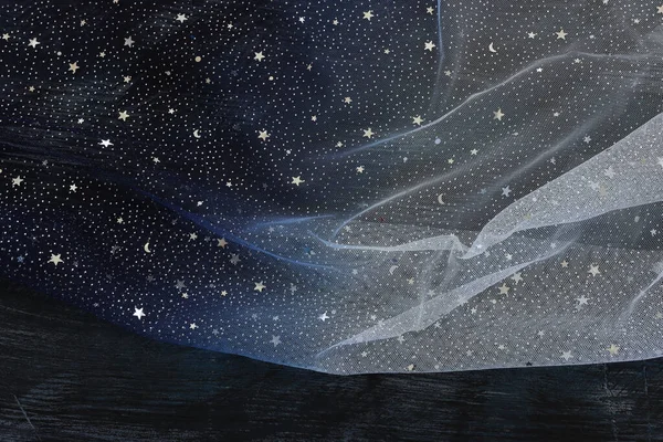 Sötétkék Ezüst Csillagok Tüll Siffon Textúra Háttér — Stock Fotó