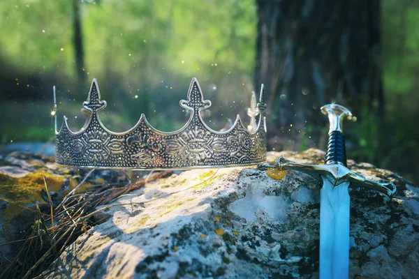 Misteriosa Mágica Foto Rei Ouro Coroa Espada Sobre Pedra Floresta — Fotografia de Stock