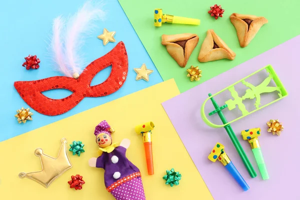 Conceito Celebração Purim Feriado Carnaval Judaico Sobre Fundo Colorido — Fotografia de Stock