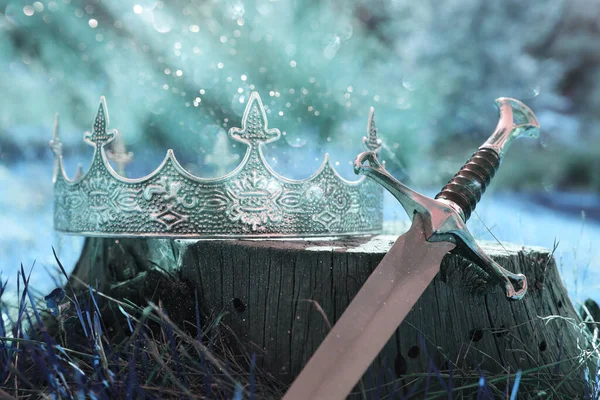 英国の森の中の金王冠と剣の神秘的で魔法の写真 中世の概念 — ストック写真