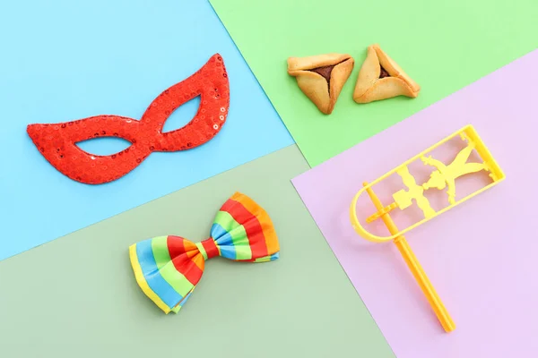 Conceito Celebração Purim Feriado Carnaval Judaico Sobre Fundo Colorido — Fotografia de Stock