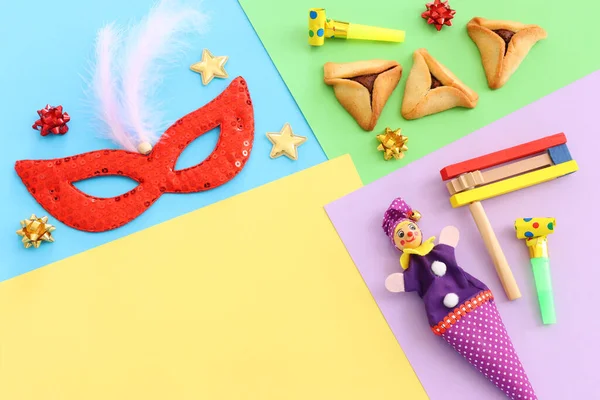 Conceito Celebração Purim Feriado Carnaval Judaico Sobre Fundo Colorido — Fotografia de Stock