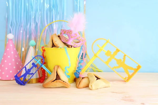 Purim Viering Concept Joodse Carnaval Vakantie Boven Houten Tafel — Stockfoto