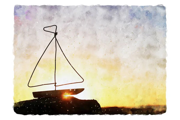 Abstrakte Aquarell Stil Bild Des Alten Bootes Bei Sonnenuntergang — Stockfoto