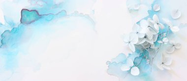 Sanatsal mürekkep arkaplanındaki mavi ortanca çiçeklerinin yaratıcı görüntüsü. Kopyalama alanı olan üst görünüm