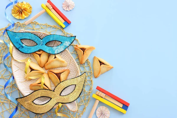 Conceito Celebração Purim Feriado Carnaval Judaico Sobre Fundo Azul Vista — Fotografia de Stock