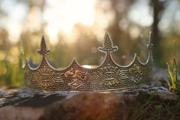 神秘而神奇的银制王冠的照片在森林的石头之上 中世纪的概念 — 图库照片