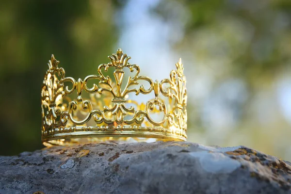 Titokzatos Varázslatos Fotó Arany Király Koronát Erdőben Felett Középkori Koncepció — Stock Fotó