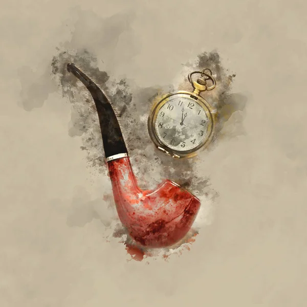 古い煙管とヴィンテージポケットウォッチの水彩画風と抽象的なイメージ — ストック写真