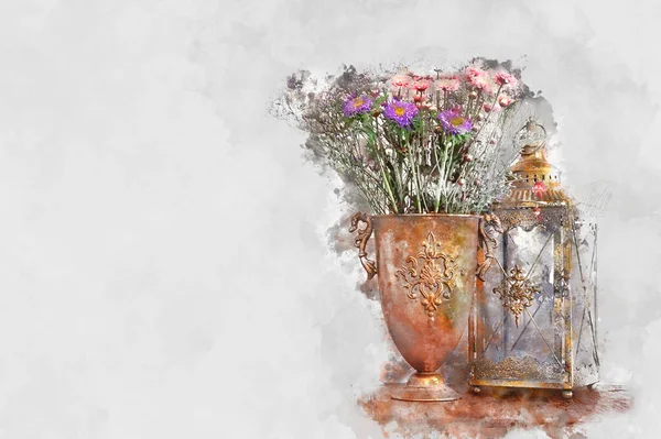 Acquerello Immagine Astratta Campo Colorato Fiori Bouquet Nel Vaso Bronzo — Foto Stock