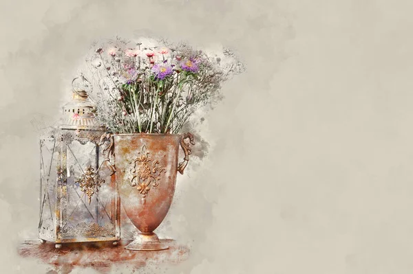 Acquerello Immagine Astratta Campo Colorato Fiori Bouquet Nel Vaso Bronzo — Foto Stock