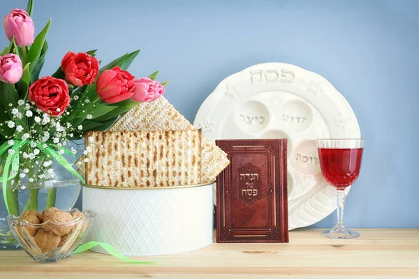 Pesah Celebration Concept Jewish Passover Holiday Traditional Pesah Plate Text — Stock Photo, Image