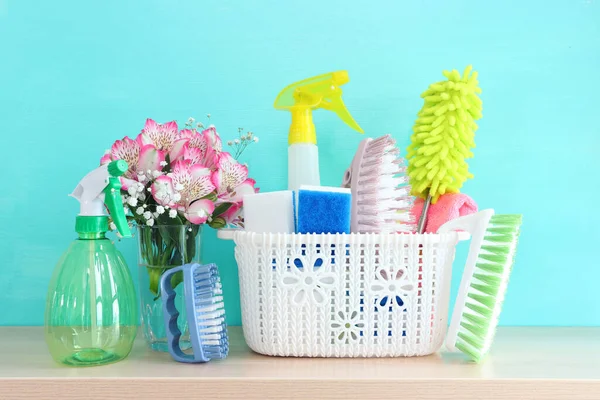 Spring Cleaning Concept Supplies Wooden Table — Stock Photo, Image