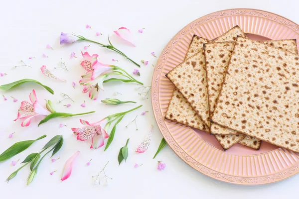 Hamursuz Bayramı Arkaplanı Matzoh Yahudi Bayramı Ekmeği Üst Görünüm — Stok fotoğraf