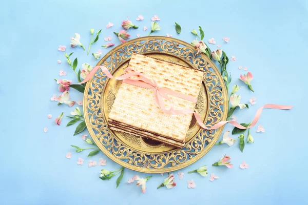 Påsk Bakgrund Matzoh Judisk Semester Bröd Ovanifrån — Stockfoto