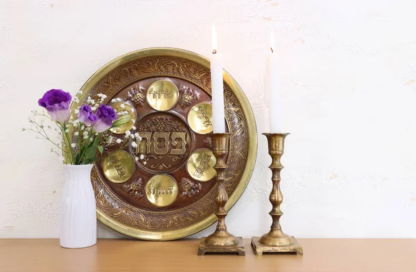 Pesah Celebration Concept Jewish Passover Holiday Translation Traditional Pesakh Plate — Stock Photo, Image
