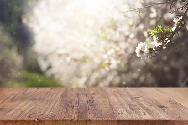 Wooden Table Front Spring Blossom Tree Landscape Product Display Presentation — Stock Photo, Image