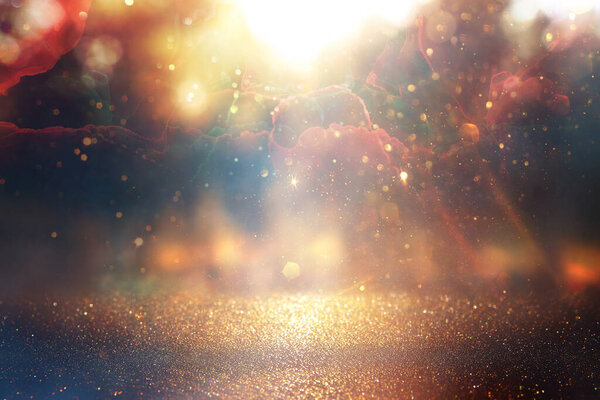 Blurred abstract photo of light burst among trees and glitter bokeh lights