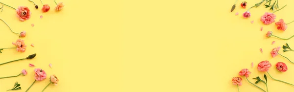 Widok Góry Obraz Różowy Jaskier Kwiaty Kompozycja Nad Żółtym Pastelowym — Zdjęcie stockowe