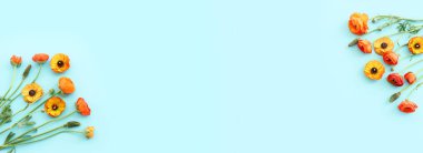 Mavi arkaplan üzerindeki sarı çiçeklerin üst görünümü