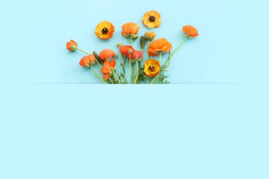 Mavi arkaplan üzerindeki sarı çiçeklerin üst görünümü