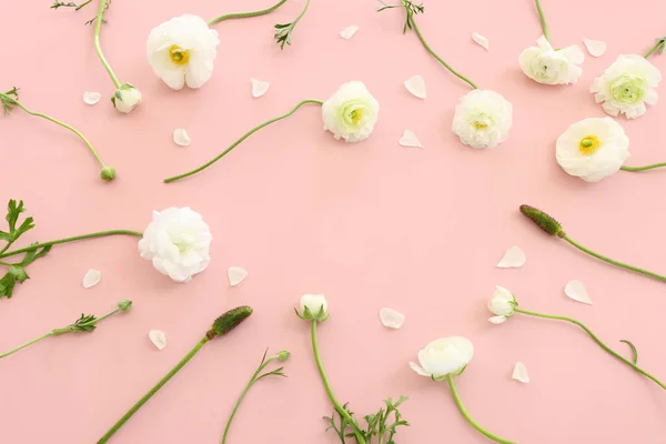 Top View Image White Flowers Composition Pink Pastel Background — Stock Photo, Image
