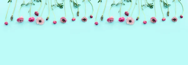 Top View Image Pink Flowers Composition Blue Background — Stockfoto