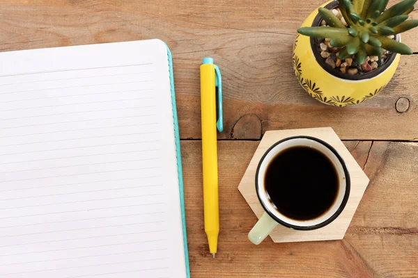 Top View Image Open Notebook Blank Pages Cup Coffee Wooden — Stockfoto