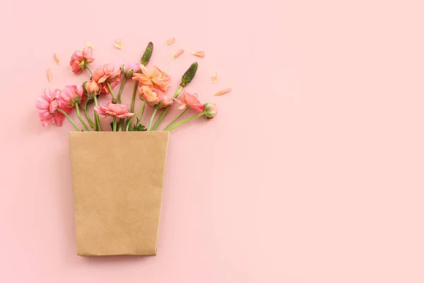 Top View Image Pink Flowers Composition Pastel Background — 스톡 사진