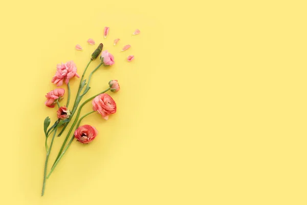 Top View Image Pink Flowers Composition Yellow Background — Photo
