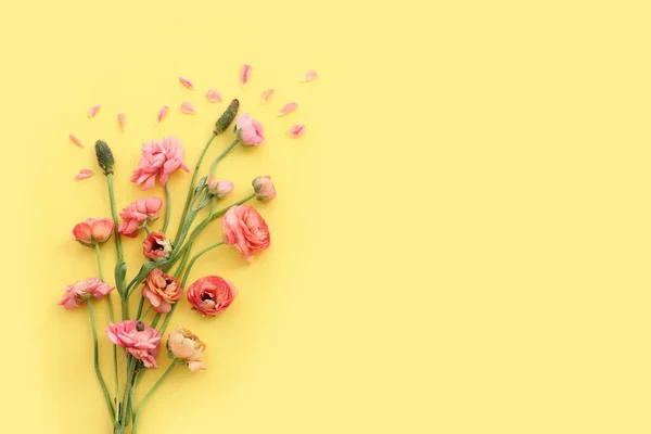 Top View Image Pink Flowers Composition Yellow Background — Photo