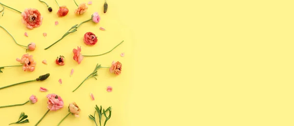 Top View Image Pink Flowers Composition Yellow Background — Photo