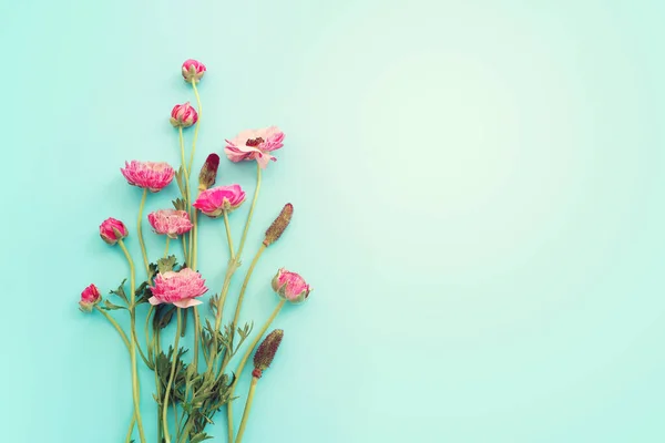 Top View Image Pink Flowers Composition Blue Background — ストック写真