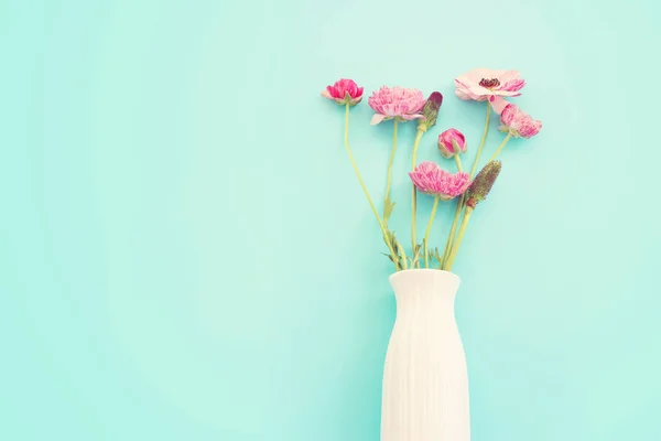 Top View Image Pink Flowers Composition Blue Background — Photo