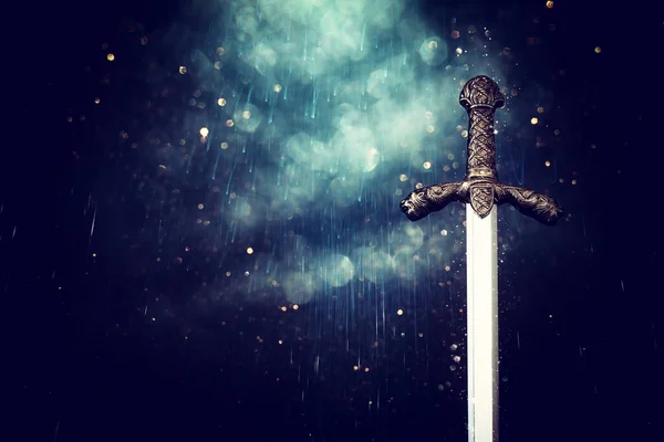 Photo Knight Sword Dark Background Medieval Period Concept — Zdjęcie stockowe