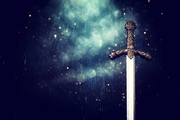 Photo Knight Sword Dark Background Medieval Period Concept — Stockfoto