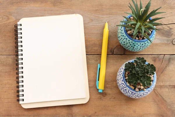 Top View Image Open Notebook Blank Pages Cup Coffee Wooden — Stockfoto