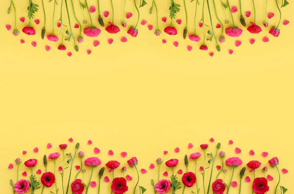 Sarı arkaplan üzerindeki pembe çiçeklerin üst görünümü