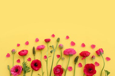 Sarı arkaplan üzerindeki pembe çiçeklerin üst görünümü