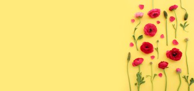 Sarı arkaplan üzerindeki pembe çiçeklerin üst görünümü