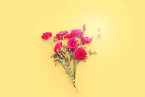 Top View Image Pink Flowers Composition Yellow Background — Stockfoto