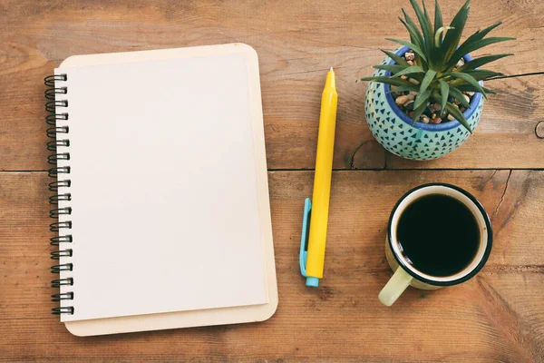 Top View Image Open Notebook Blank Pages Cup Coffee Wooden — Stockfoto