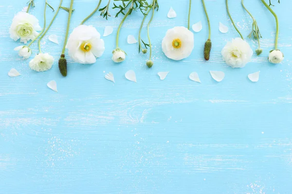 Top View Image White Flowers Composition Wooden Blue Pastel Background — стоковое фото