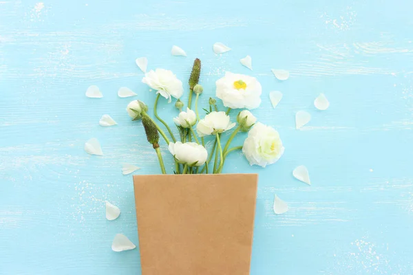Top View Image White Flowers Composition Wooden Blue Pastel Background — Stockfoto
