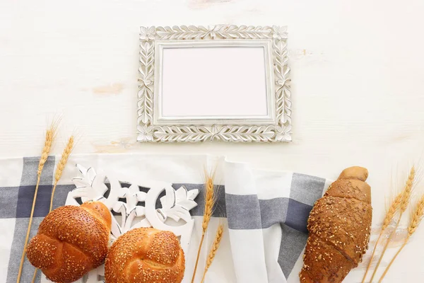 Bread Buns Wooden White Background — Stok fotoğraf